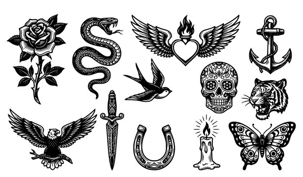 Old school traditional tattoo flash sheet with vintage black and white designs traditional horseshoe butterfly collection isolated silhouette rockabilly creative decoration