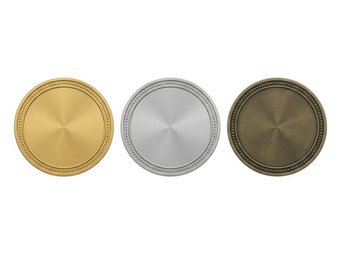 Conjunto de tr&ecirc;s medalhas circulares met&aacute;licas com acabamento em ouro, prata e bronze, apresentando uma textura escovada radial e bordas detalhadas, isoladas sobre um fundo branco puro para design.