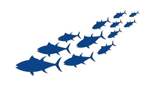 Minimalist blue tuna fish school silhouette, swimming tuna fish group on white background, marine life ocean graphic