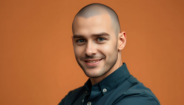Portrait of a smiling young man with a buzz cut against a solid orange background