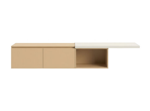 M&oacute;vel de parede suspenso moderno com design minimalista, apresentando acabamento em madeira clara e uma prateleira lateral branca estendida, ideal para decora&ccedil;&atilde;o de interiores contempor&acirc;nea e
