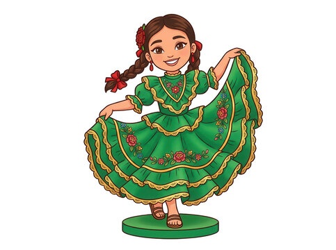 Ilustra&ccedil;&atilde;o vetorial de uma menina sorridente vestindo um traje tradicional mexicano verde com babados e bordados florais, dan&ccedil;ando alegremente com tran&ccedil;as no cabelo em um estilo art&iacute;stico colorido.