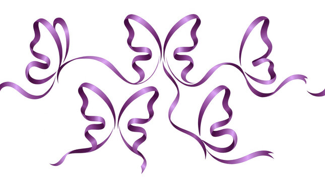 Ilustra&ccedil;&atilde;o vetorial elegante com borboletas estilizadas formadas por fitas de cetim roxas fluidas e curvas, isoladas em um fundo branco puro, perfeitas para designs decorativos e convites delicados.