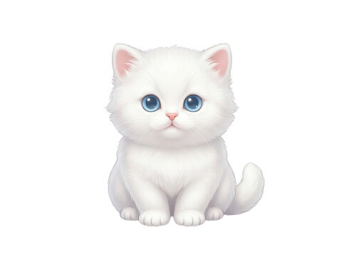 Um ador&aacute;vel gatinho branco de olhos azuis sentado, estilo ilustra&ccedil;&atilde;o digital fofa e minimalista, isolado em um fundo branco puro, ideal para design gr&aacute;fico, cart&otilde;es de felicita&ccedil;&otilde;es e projetos