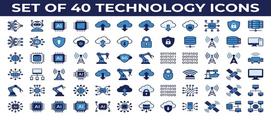 Fototapeta premium Set of flat technology and AI icons modern vector graphics for cloud and data security