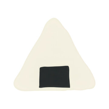 Ilustra&ccedil;&atilde;o minimalista de um onigiri japon&ecirc;s, um bolinho de arroz triangular com uma tira de alga nori preta na base, isolado em um fundo branco, estilo gr&aacute;fico simples e limpo para design culin&aacute;rio.