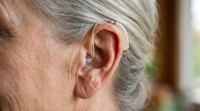 Close Up of Hearing Aid Worn on Older Woman's Ear