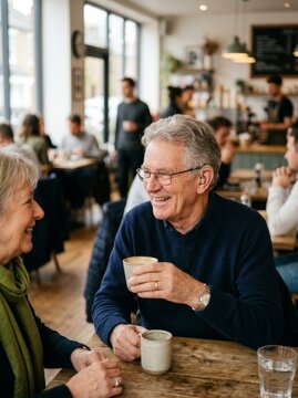Senior Man Holding Coffee Cup and Wearing Hearing Aid in Cafe