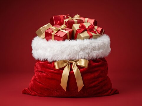 Santa Claus Sack Overfilled with Christmas Gifts on Red Background