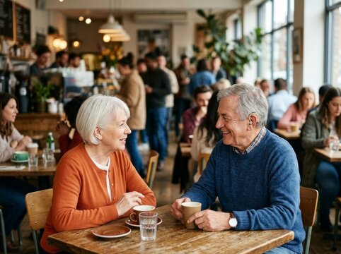 Senior Man Wearing Hearing Aid Talking with Woman in Cafe