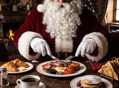 Santa Claus Eating Traditional Full English Breakfast by a Cozy Fireplace on Christmas Morning