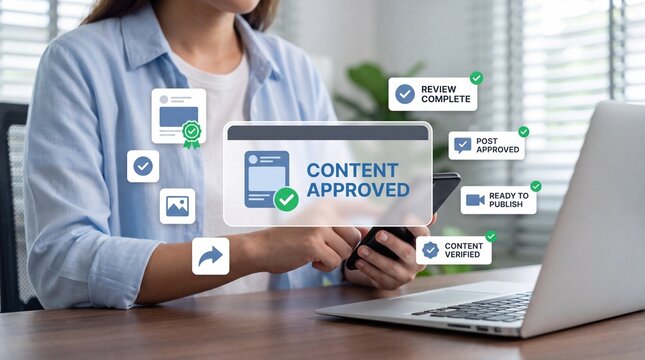 Woman using a smartphone to approve digital content with virtual icons on a wooden desk