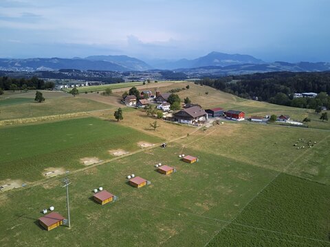 View of the hamlet of Wannen, chicken houses in the foreground, Rigi in the back, Sins, Freiamt, Canton of Aargau, Switzerland