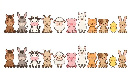 Fototapeta premium Cute Kawaii Farm Animals Border Set with Horse Cow Pig Sheep Cat Dog and Rabbit Illustration for Kids Design