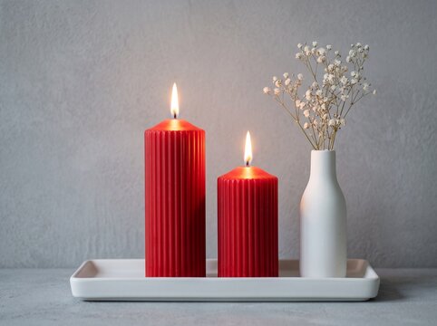 Two lit red ribbed pillar candles with white flowers in vase on a tray for home decor