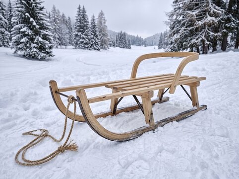 Traditional Wooden Sled on a Snowy Path in a Beautiful Winter Forest