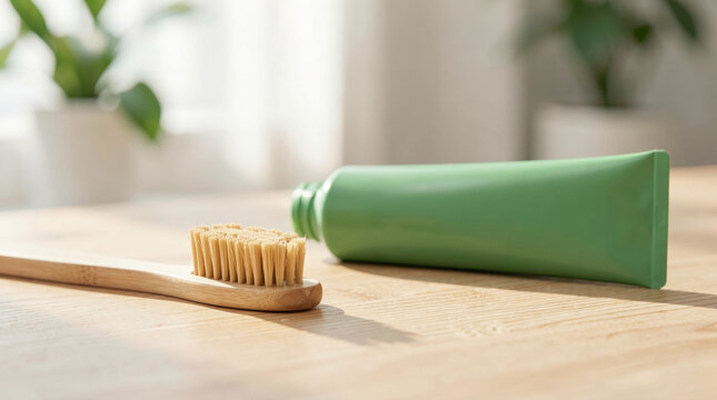 Natural bamboo toothbrush lies near green tube on sunlit wood surface. Blurred houseplants and warm light create eco friendly setting that feels clean, simple, and aligned with natural food branding.