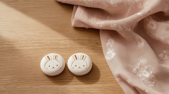Two Bunny-Shaped Cookies with Pink Floral Fabric on Wooden Table