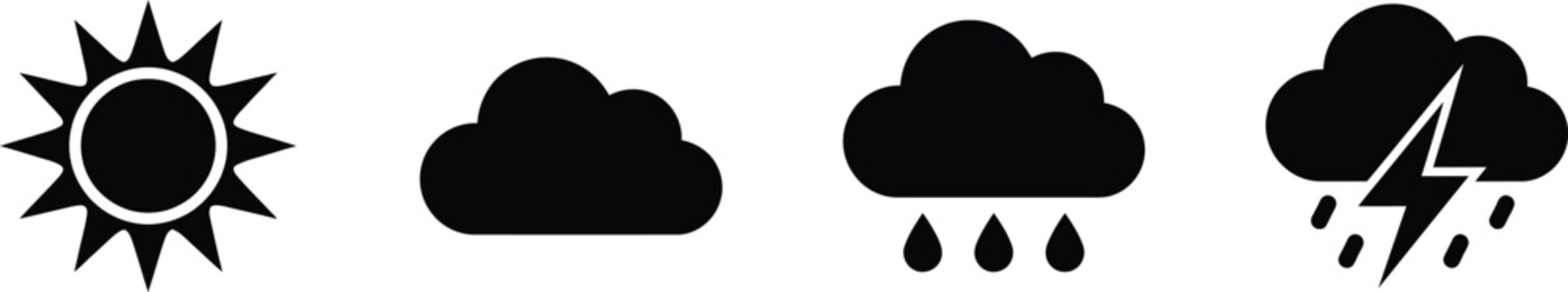 Weather forecast icon set depicting sun clouds rain drops and lightning storm symbols with cloud icon climate symbols black vectors weather cond