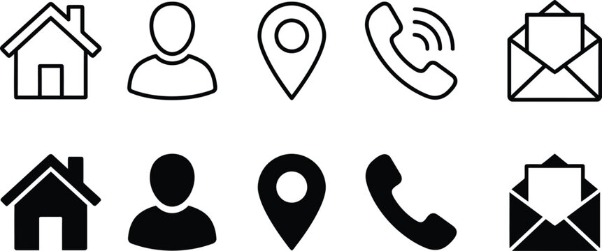 Website contact and navigation icon set with home user profile location pin phone and envelope web icons interface symbols address sign map pin