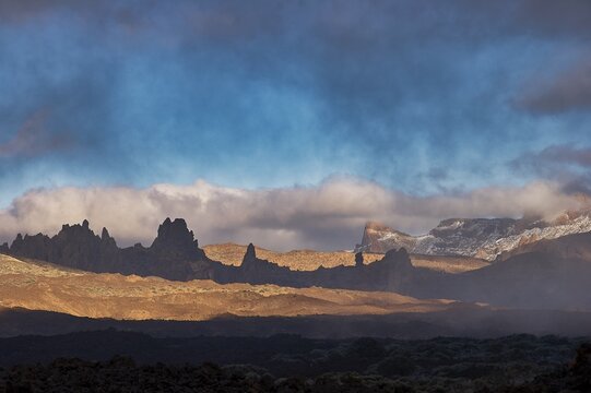 Landscape with mountains in the background and foggy clouds, UNESCO World Heritage Site, Teide National Park, Teide National Park, Tenerife, Canary Islands, Spain