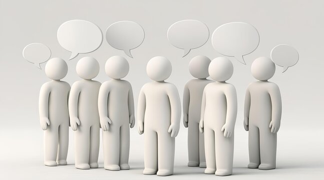 White 3D figures standing in a group with speech bubbles for communication and discussion concepts