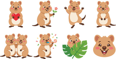 Fototapeta premium Cute quokka cartoon vector illustration set showing various joyful poses and emotional expressions