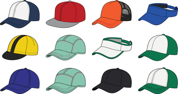 Colorful baseball caps, snapbacks, trucker hats, and sun visors vector illustration set