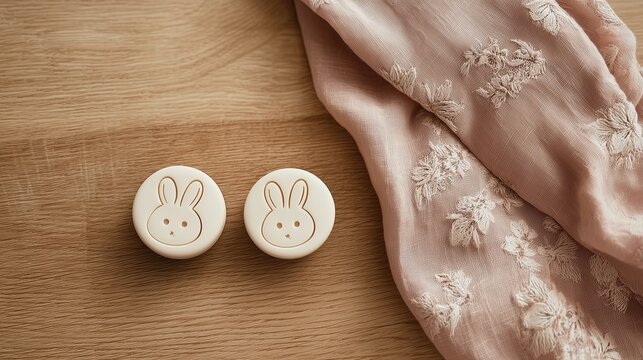 Two Rabbit Mooncakes with Pink Embroidered Fabric on Wooden Table