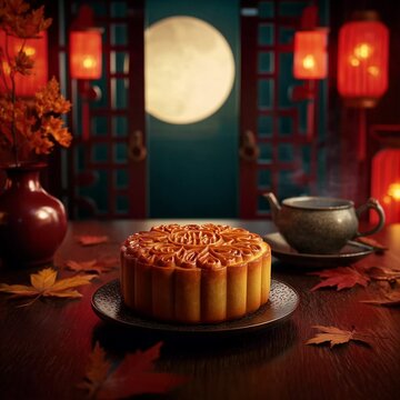 Mooncake with Red Lanterns and Full Moon for Mid-Autumn Festival