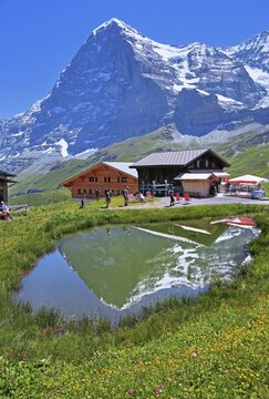 Mountain huts on the Kleine Scheidegg in front of the Eiger, Wengen, Jungfrau region, Bernese Alps, Bernese Oberland, Canton of Bern, Switzerland, UNESCO World Natural Heritage
