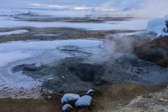 Hverir solfatar field, fumaroles, snow-covered geothermal area, North Iceland Eyestra, Iceland