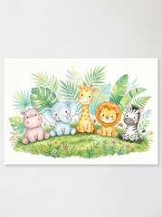 Fototapeta premium Cute Watercolor Safari Baby Animals Illustration with Lion Elephant Giraffe Zebra and Hippo for Nursery Decor