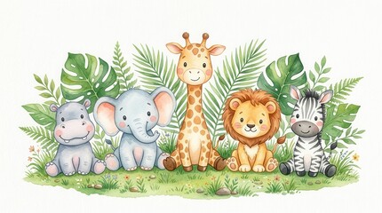 Fototapeta premium Cute Watercolor Safari Baby Animals Collection with Giraffe, Elephant, Lion, Hippo, and Zebra in Tropical Jungle