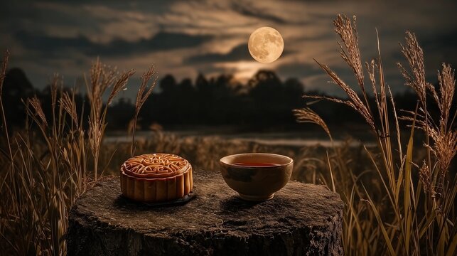 Mooncake and Tea on Rustic Tree Stump Under Full Moon