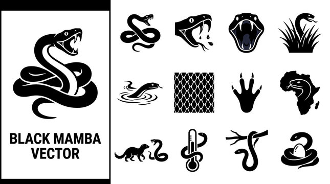 Black mamba snake silhouette icons and wildlife vector set