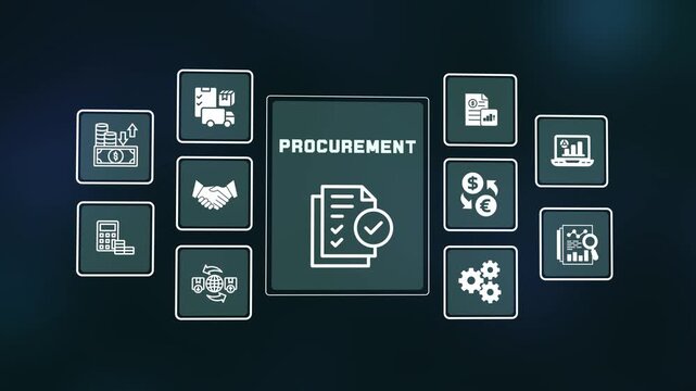 Procurement concept digital interface featured with purchasing management supply chain sourcing order processing and vendor icons