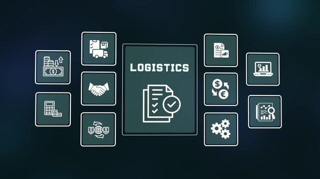 Logistics concept digital interface showing icons of supply chain distribution tracking freight stock delivery and global trade management