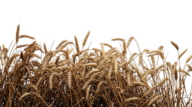 Gros plan sur des &eacute;pis de bl&eacute; dor&eacute;s et m&ucirc;rs isol&eacute;s sur un fond blanc pur, parfaits pour illustrer la r&eacute;colte, l'agriculture biologique, les produits c&eacute;r&eacute;aliers naturels et la boulangerie artisanale.