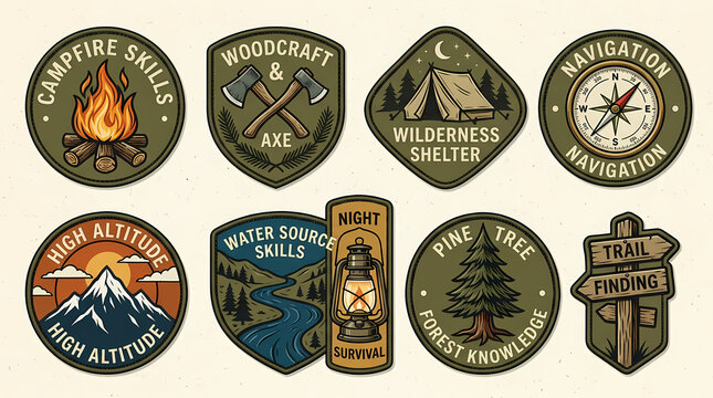 Set of Vector Wilderness Adventure Camping Badges and Scout Patrol Emblems Featuring Nature Survival Skills and Outdoor Exploration Hiking Graphics