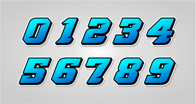 Futuristic blue metallic racing style bold numbers set from zero to nine vector illustration with bold font numeric digits speed numbers
