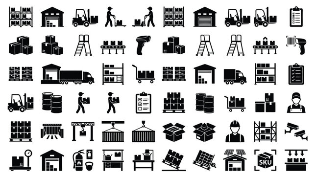 Large collection of warehouse and logistics black icons including forklifts, shipping boxes, delivery trucks, storage shelves, industrial workers, and distribution equipment on white.