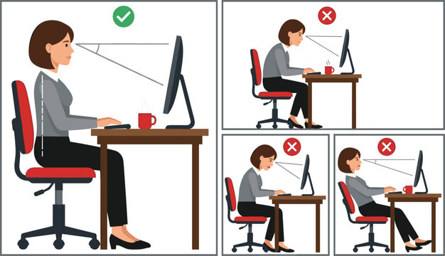 Infographic comparing correct and incorrect ergonomic sitting posture at office desk computer workstation for spine health vector illustration