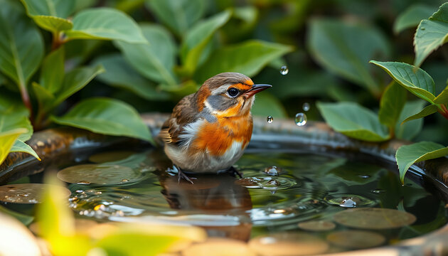 Small robin bird bathing in a garden birdbath with water splashes and green foliage