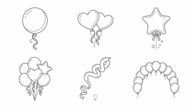 Set of festive balloon icons for birthday parties and celebrations, featuring heart shapes, stars, and arches in a clean line art vector style.