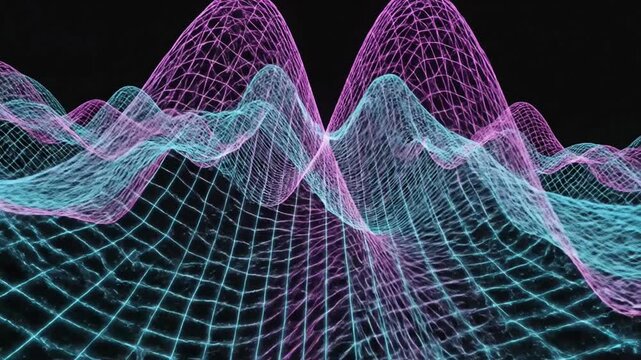 Abstract neon wireframe waves on black background