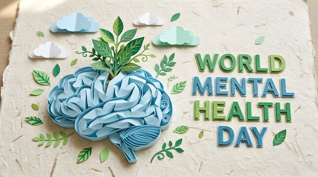 Teal Anatomical Brain Model with Green Sprouts and Leaves on Cream Background