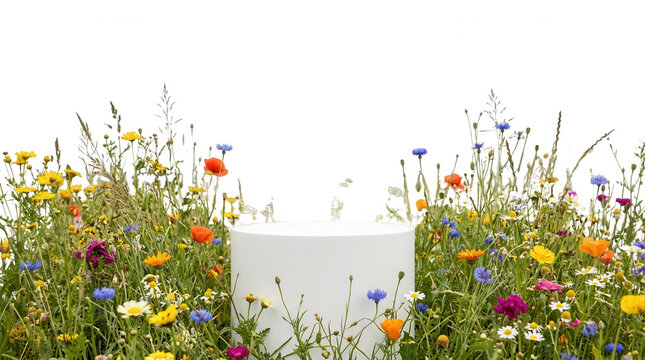 Un pi&eacute;destal cylindrique blanc minimaliste entour&eacute; d'une prairie de fleurs sauvages color&eacute;es sur fond blanc, id&eacute;al pour la pr&eacute;sentation de produits naturels, cosm&eacute;tiques ou &eacute;cologiques.