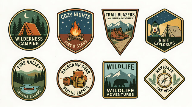 Set of Eight Vintage Style Adventure and Camping Emblem Badges Featuring Mountain Landscapes Hiking Gear and Outdoor Wilderness Exploration Designs