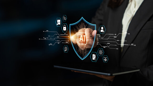 AI cybersecurity safeguards systems with encryption, access control, and AI secure data flow. Futuristic cyber security featuring AI digital shield, zero trust and AI threat detection system. Corpus